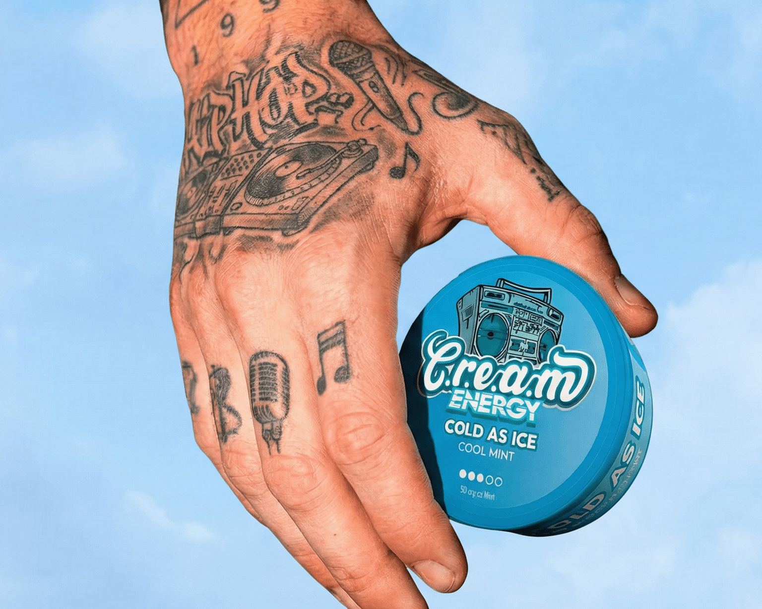 c.r.e.a.m energy caffeine pouches in hand of a man 