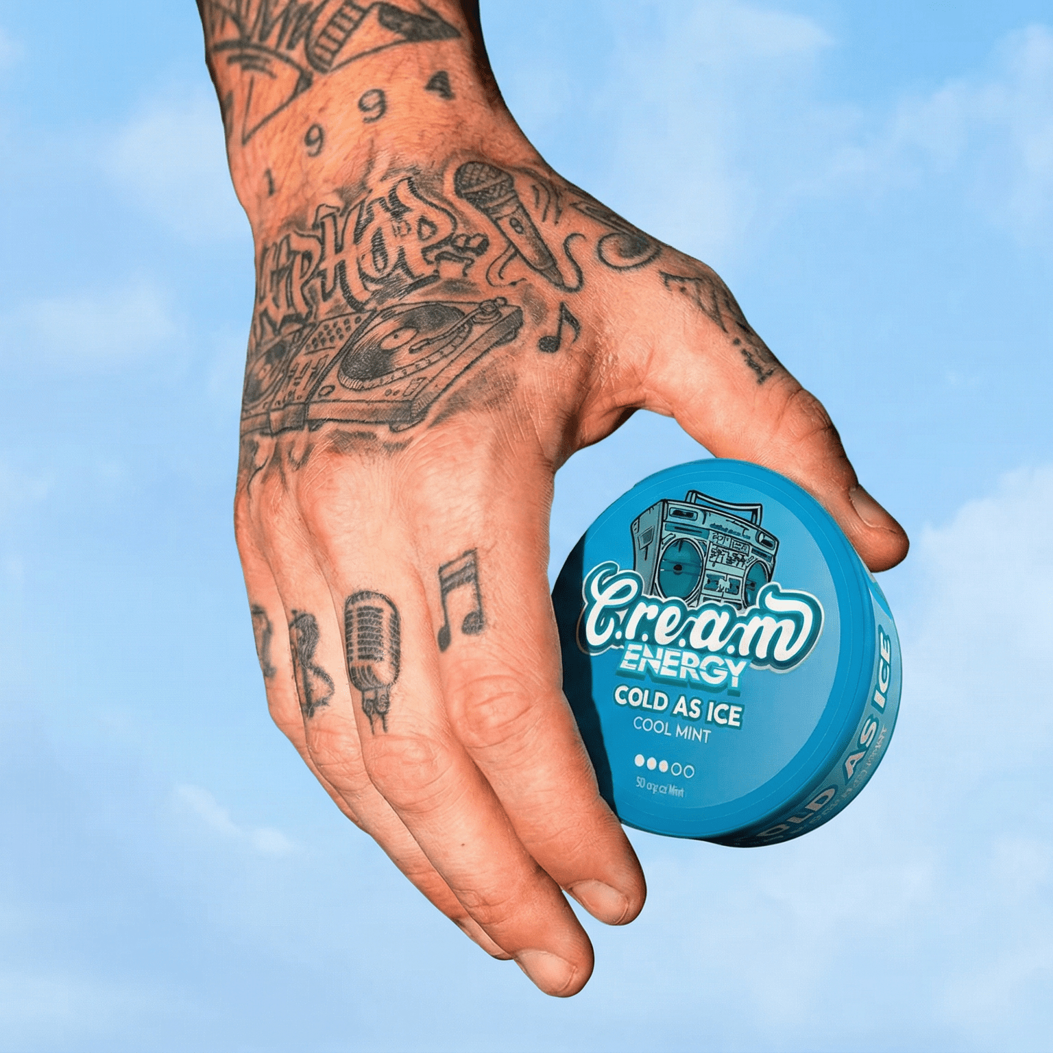 c.r.e.a.m energy caffeine pouches in hand of a man 
