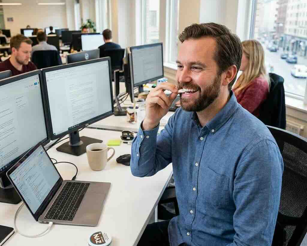 guy at work enjoying a cream nicotine pouch