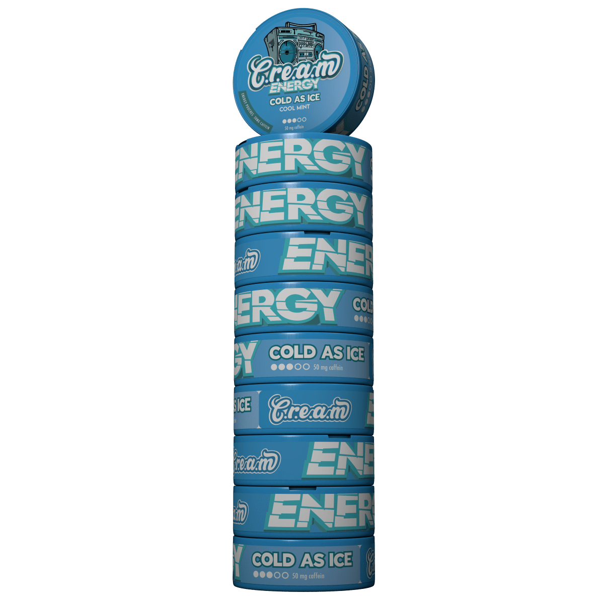Hand holding a can of Cream ENERGY Cold As Ice 50 mg caffeine pouches