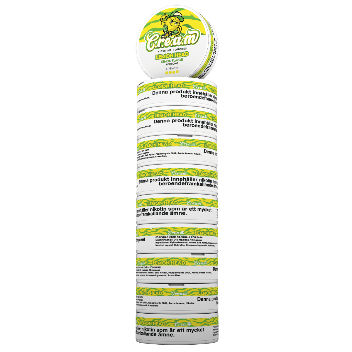 Hand holding Lemon Head X-STRONG 12 mg lemon nicotine pouches