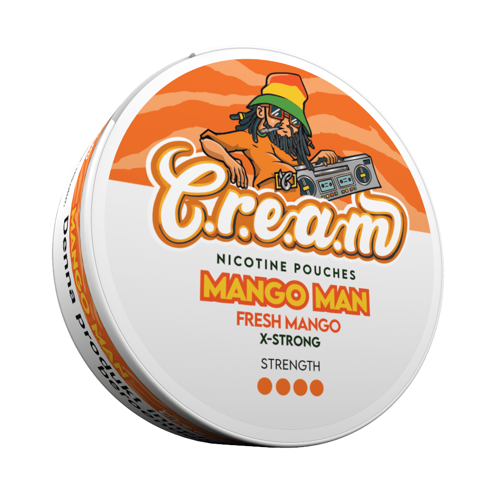 Mango Man X-STRONG 12 mg mango nicotine pouches — left view of can